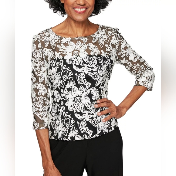 ALEX EVENINGS Allover SoutaTull Trim Embellished Tulle Blouse - Picture 1 of 9